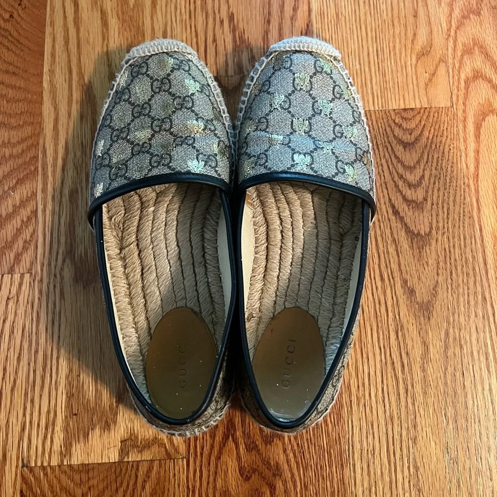 Gucci Beige GG Monogram Espadrille Flats with Black Trim